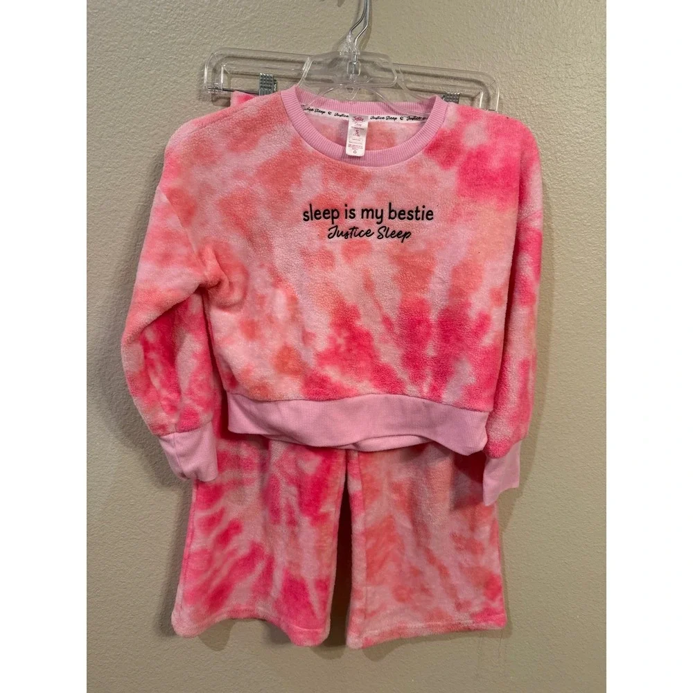 Justice Pajama Set Girls S 7/8 Pink Excellent Tie Dye Fleece Sleep Is My Bestie